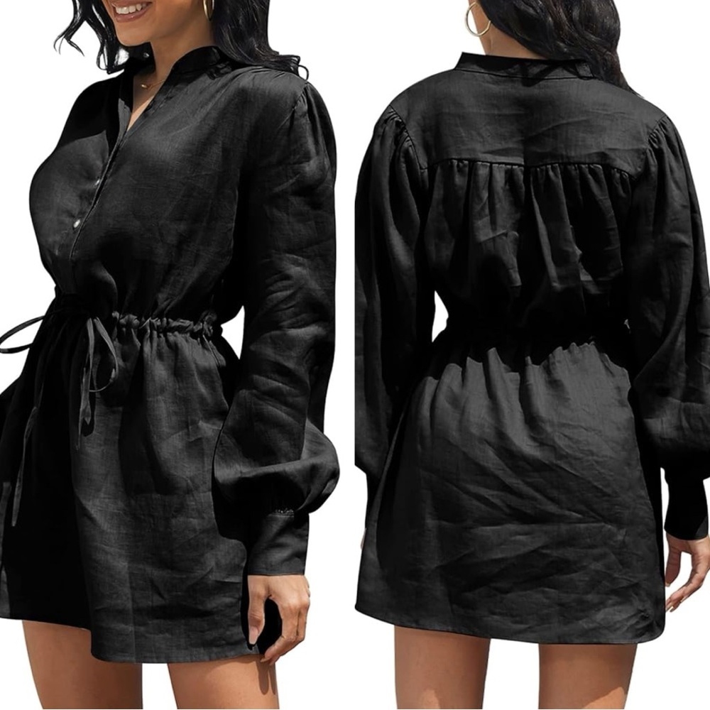 Amazhiyu Black Linen Long Sleeve Mini Drawstring Dress